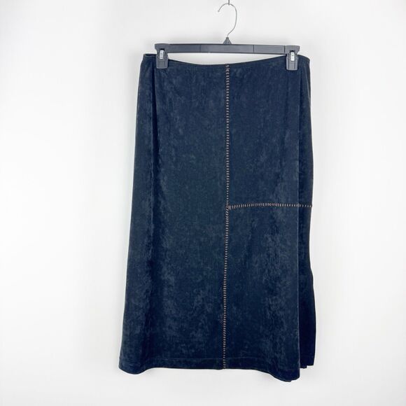 Sno Skins Midi Skirt Size XL Black Velvet Side Slit Brown Stiching Elastic Waist - Picture 1 of 14